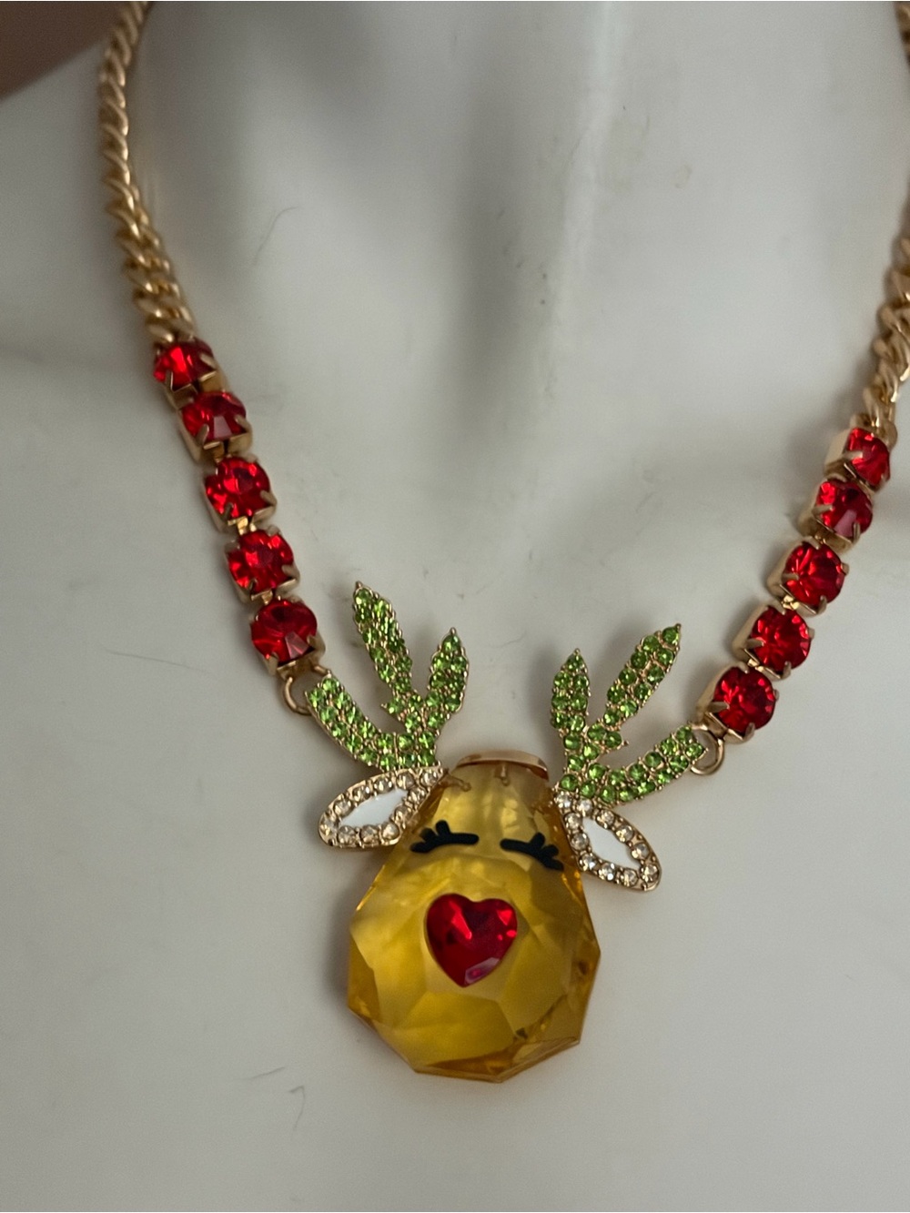 BETSY JOHNSON Gold-Tone Yellow Crystal Reindeer Pendant Necklace with Red Accent